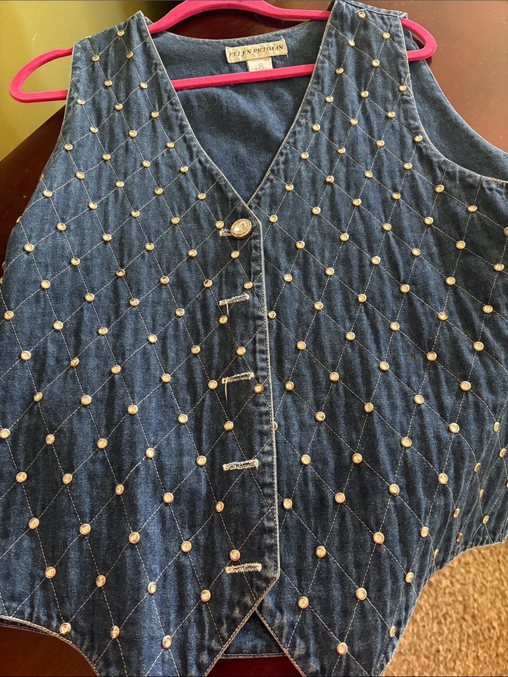 Ellen Tracy Dark Denim Quilted Vest with Gold Bling Studs